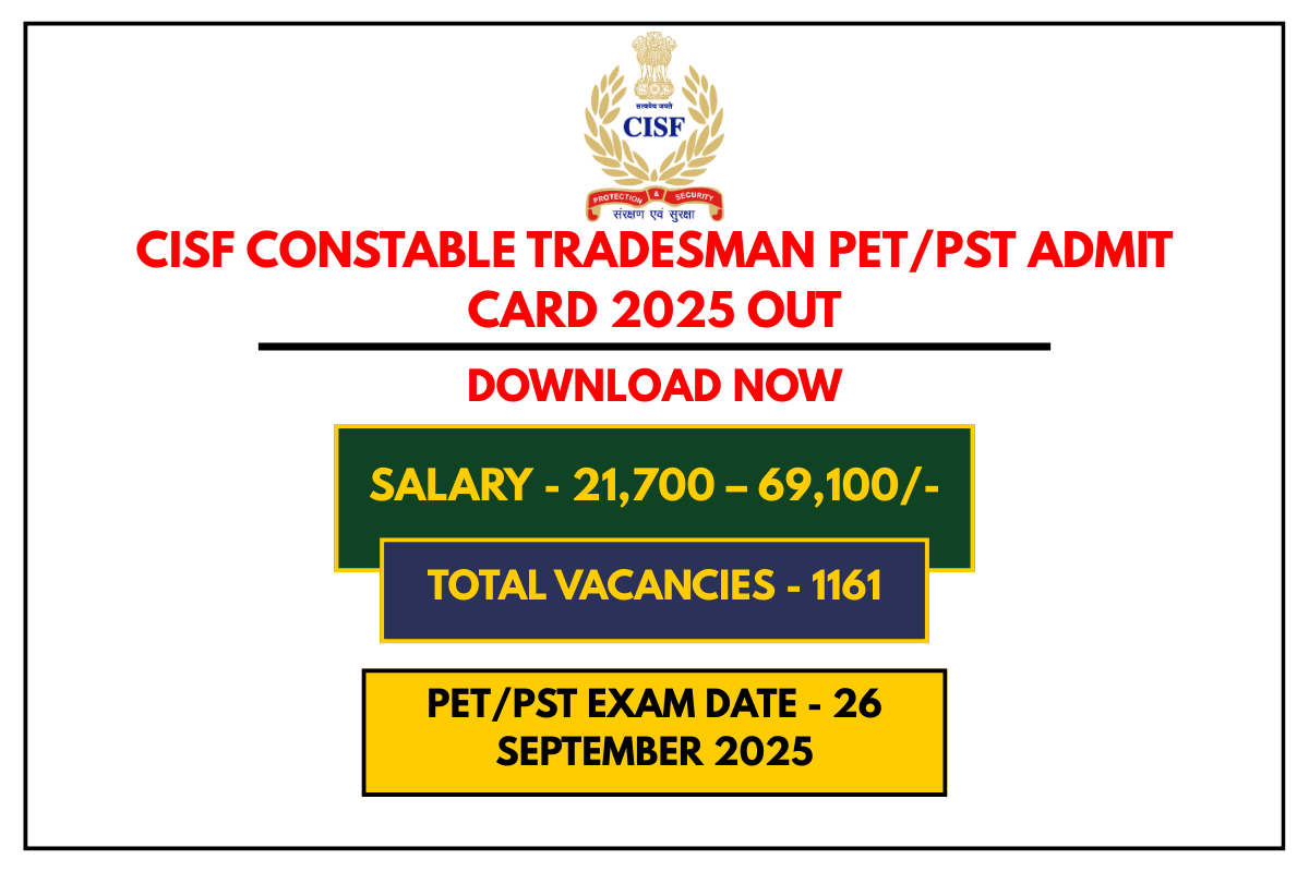 CISF Constable Tradesman PETPST Admit Card 2025 Out – Download Now