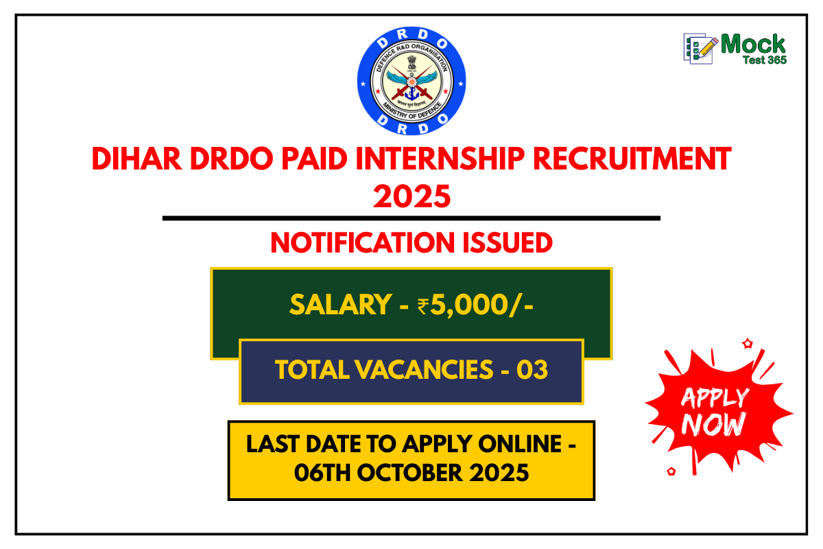 DIHAR DRDO Paid Internship Recruitment 2025 – Apply for 03 Vacancies Before 6th October