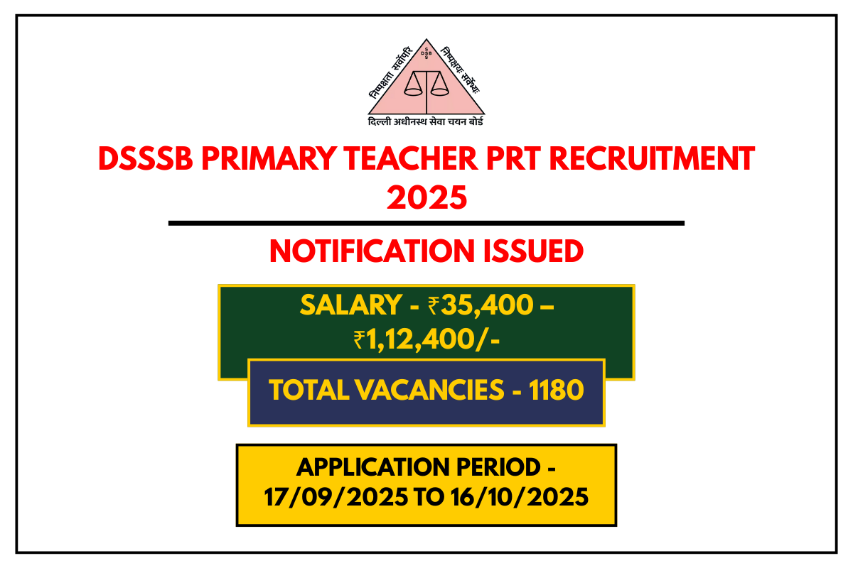 DSSSB Primary Teacher PRT Recruitment 2025 Apply Online for 1180 Posts