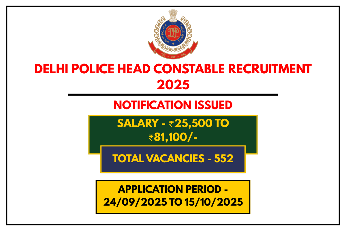 Delhi Police Head Constable Recruitment 2025 Apply Online for 552 Vacancies