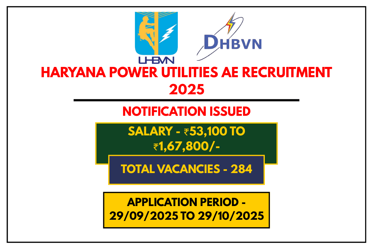 Haryana Power Utilities AE Recruitment 2025 Apply Online for 284 Assistant Engineer Posts