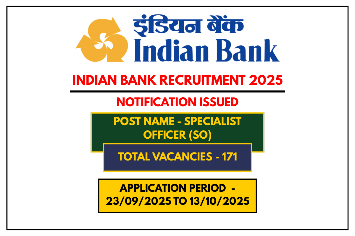 Indian Bank Recruitment 2025 – Apply Online for 171 Specialist Officer Posts