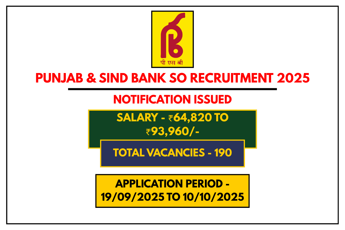 Punjab & Sind Bank SO Recruitment 2025 190 Specialist Officer Vacancies – Apply Online Now